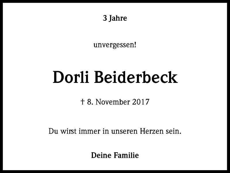  Traueranzeige für Dorli Beiderbeck vom 07.11.2020 aus Kölner Stadt-Anzeiger / Kölnische Rundschau / Express