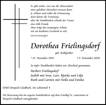 Anzeige von Dorothea Frielingsdorf von Kölner Stadt-Anzeiger / Kölnische Rundschau / Express