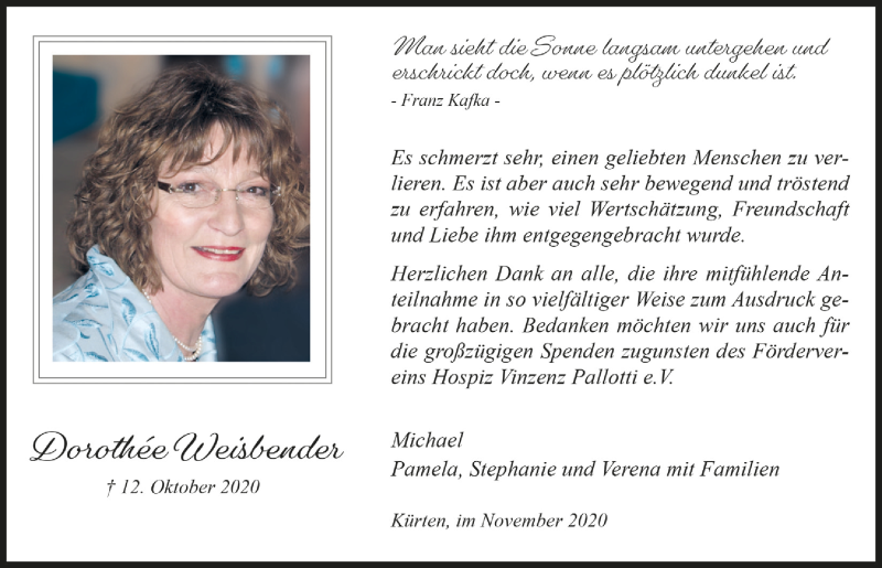  Traueranzeige für Dorothée Weisbender vom 20.11.2020 aus  Bergisches Handelsblatt 