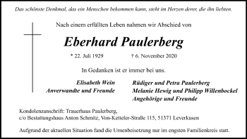Anzeige von Eberhard Paulerberg von Kölner Stadt-Anzeiger / Kölnische Rundschau / Express