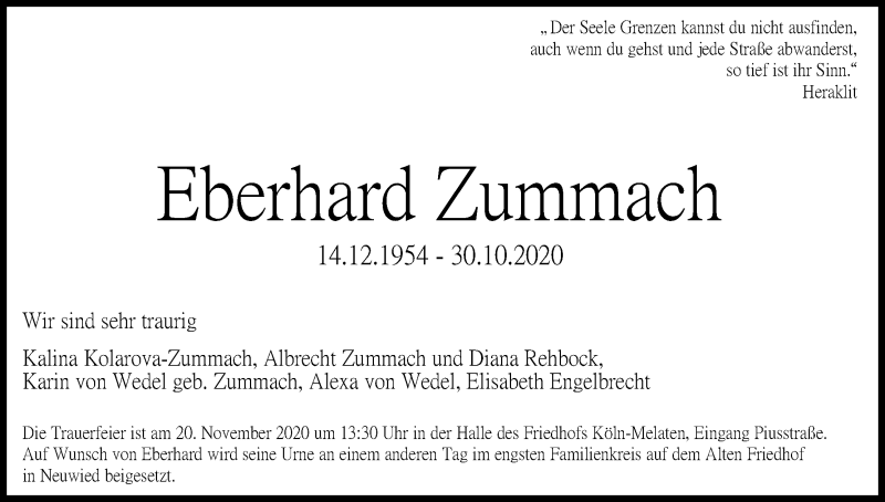  Traueranzeige für Eberhard Zummach vom 14.11.2020 aus Kölner Stadt-Anzeiger / Kölnische Rundschau / Express