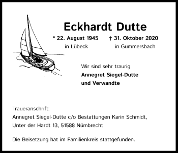Anzeige von Eckhardt Dutte von Kölner Stadt-Anzeiger / Kölnische Rundschau / Express