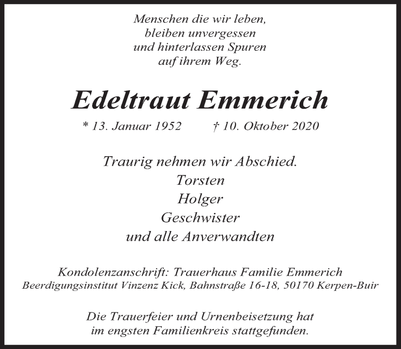  Traueranzeige für Edeltraut Emmerich vom 20.11.2020 aus  Werbepost 