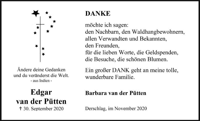  Traueranzeige für Edgar van der Pütten vom 06.11.2020 aus  Anzeigen Echo 