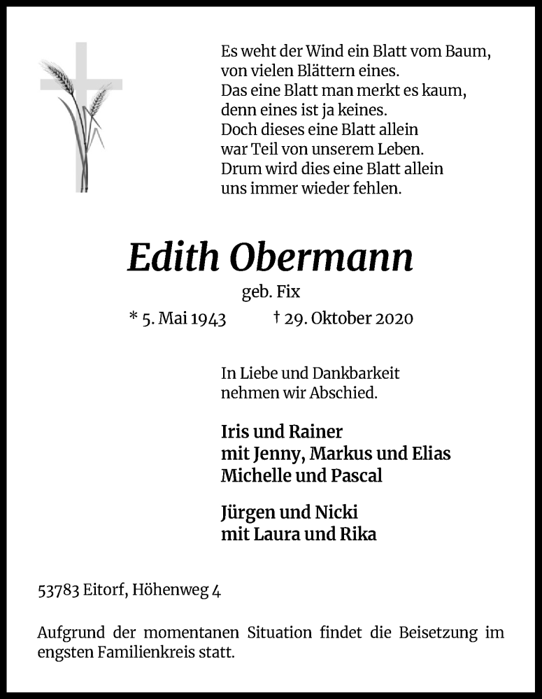  Traueranzeige für Edith Obermann vom 07.11.2020 aus Kölner Stadt-Anzeiger / Kölnische Rundschau / Express