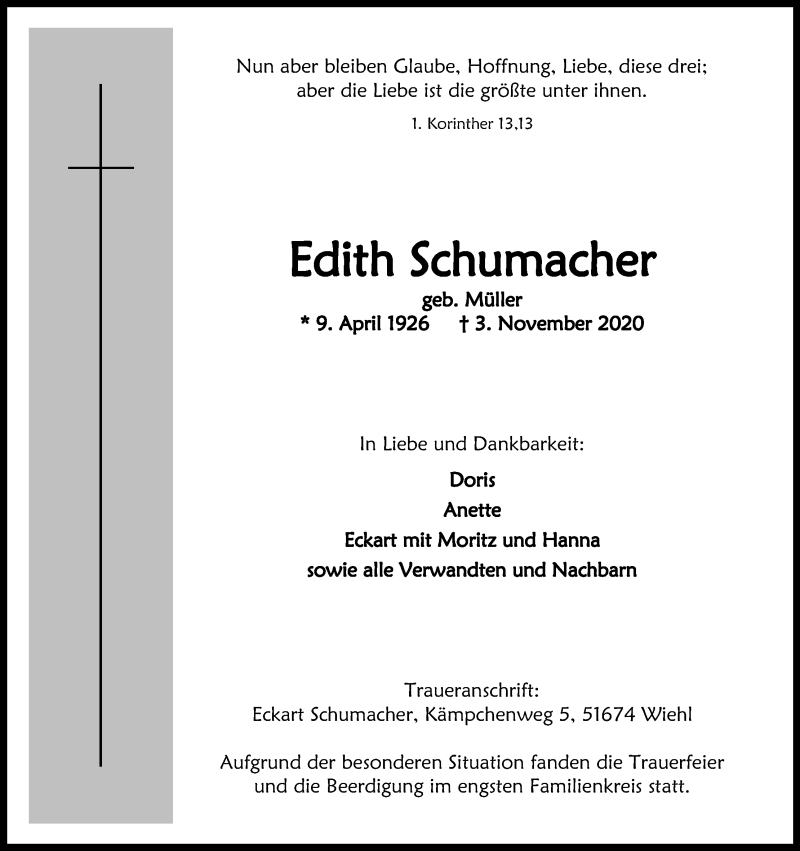  Traueranzeige für Edith Schumacher vom 14.11.2020 aus Kölner Stadt-Anzeiger / Kölnische Rundschau / Express