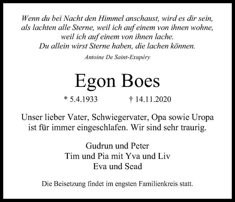  Traueranzeige für Egon Boes vom 28.11.2020 aus Kölner Stadt-Anzeiger / Kölnische Rundschau / Express
