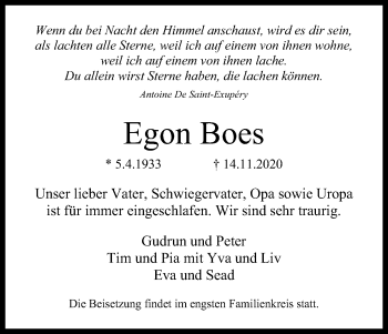 Anzeige von Egon Boes von Kölner Stadt-Anzeiger / Kölnische Rundschau / Express