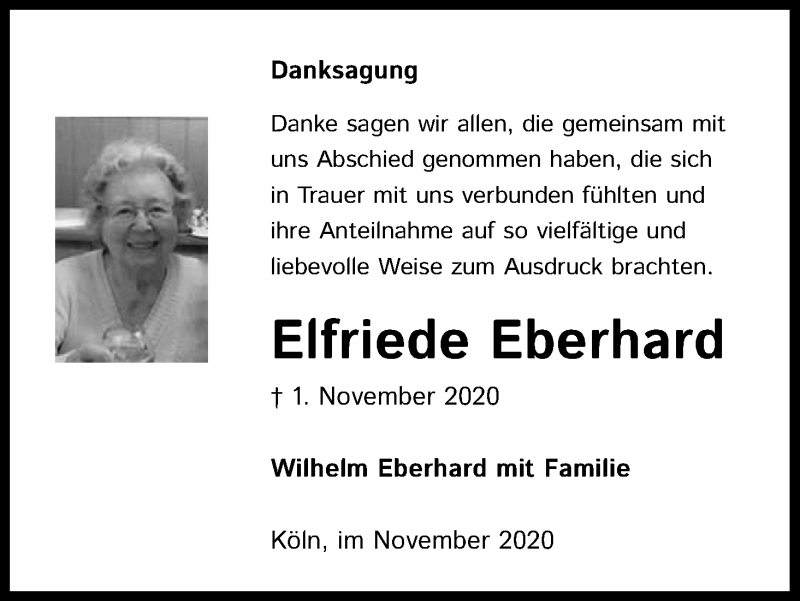  Traueranzeige für Elfriede Eberhard vom 19.11.2020 aus Kölner Stadt-Anzeiger / Kölnische Rundschau / Express