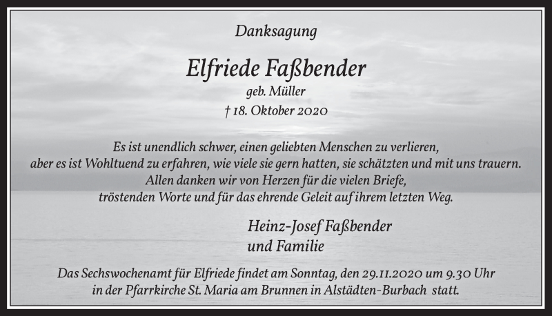  Traueranzeige für Elfriede Faßbender vom 20.11.2020 aus  Wochenende 