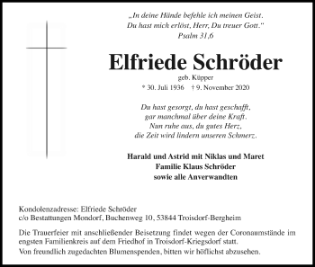 Anzeige von Elfriede Schröder von Kölner Stadt-Anzeiger / Kölnische Rundschau / Express