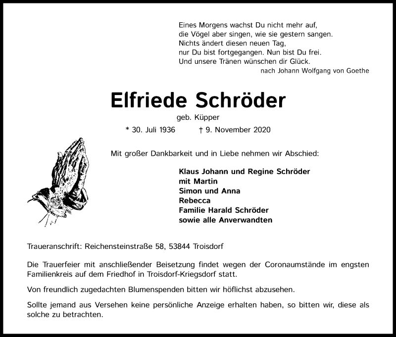  Traueranzeige für Elfriede Schröder vom 14.11.2020 aus Kölner Stadt-Anzeiger / Kölnische Rundschau / Express