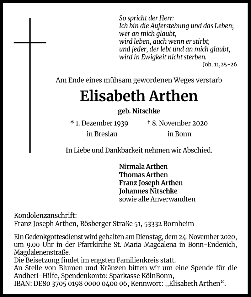  Traueranzeige für Elisabeth Arthen vom 21.11.2020 aus Kölner Stadt-Anzeiger / Kölnische Rundschau / Express