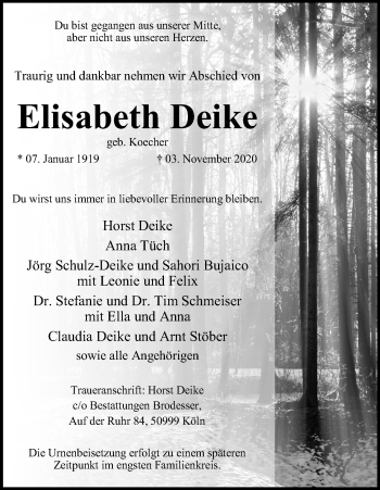 Anzeige von Elisabeth Deike von Kölner Stadt-Anzeiger / Kölnische Rundschau / Express