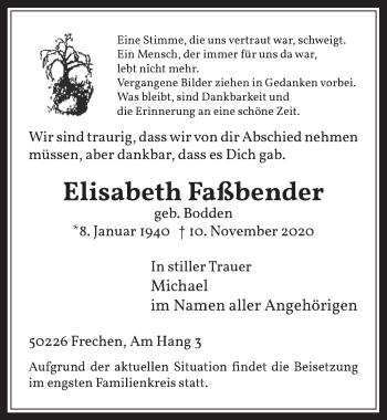 Anzeige von Elisabeth Faßbender von  Wochenende 