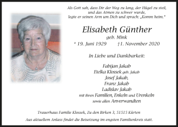 Anzeige von Elisabeth Günther von  Bergisches Handelsblatt 