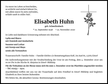 Anzeige von Elisabeth Huhn von Kölner Stadt-Anzeiger / Kölnische Rundschau / Express