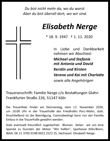 Anzeige von Elisabeth Nerge von Kölner Stadt-Anzeiger / Kölnische Rundschau / Express