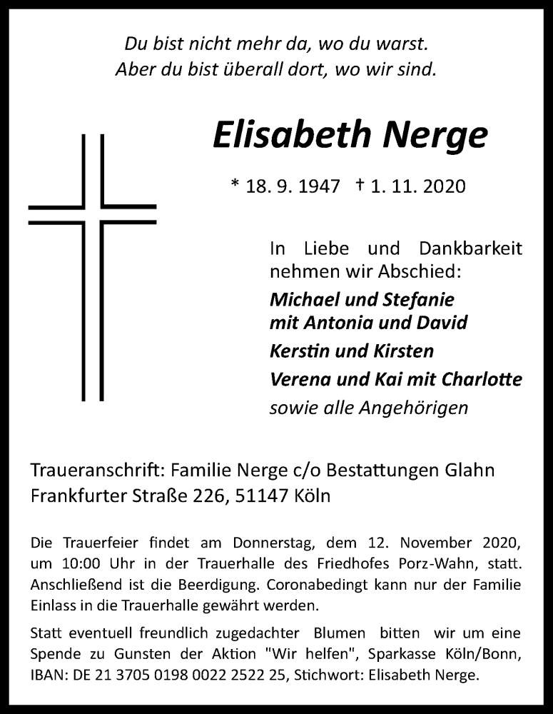  Traueranzeige für Elisabeth Nerge vom 07.11.2020 aus Kölner Stadt-Anzeiger / Kölnische Rundschau / Express