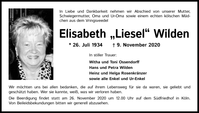  Traueranzeige für Elisabeth Wilden vom 21.11.2020 aus Kölner Stadt-Anzeiger / Kölnische Rundschau / Express