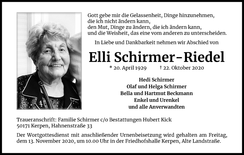  Traueranzeige für Elli Schirmer-Riedel vom 07.11.2020 aus Kölner Stadt-Anzeiger / Kölnische Rundschau / Express
