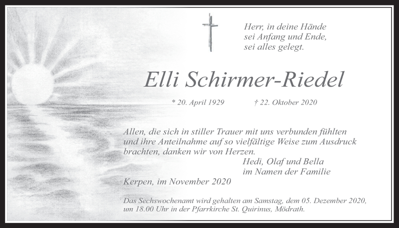  Traueranzeige für Elli Schirmer-Riedel vom 27.11.2020 aus  Werbepost 