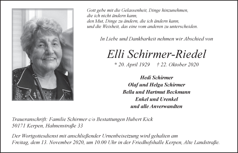  Traueranzeige für Elli Schirmer-Riedel vom 06.11.2020 aus  Werbepost 