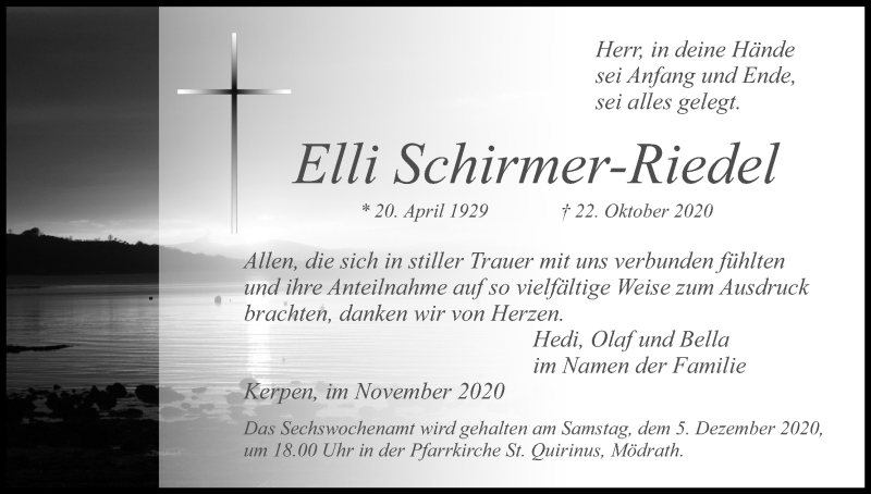  Traueranzeige für Elli Schirmer-Riedel vom 28.11.2020 aus Kölner Stadt-Anzeiger / Kölnische Rundschau / Express
