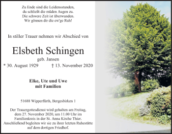 Anzeige von Elsbeth Schingen von Kölner Stadt-Anzeiger / Kölnische Rundschau / Express