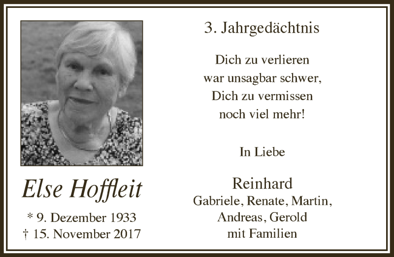  Traueranzeige für Else Hoffleit vom 13.11.2020 aus  Bergisches Handelsblatt 