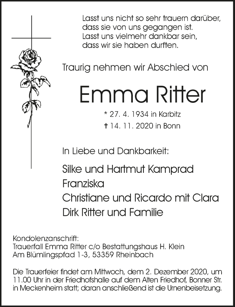  Traueranzeige für Emma Ritter vom 27.11.2020 aus  Schaufenster/Blickpunkt 
