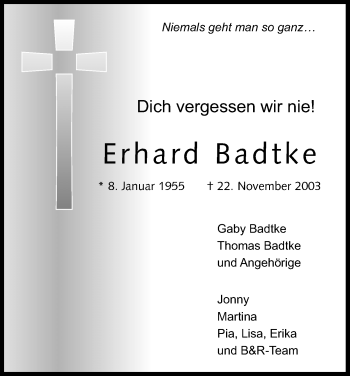 Anzeige von Erhard Badtke von Kölner Stadt-Anzeiger / Kölnische Rundschau / Express