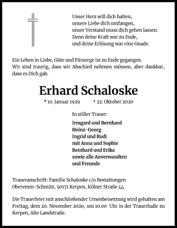 Anzeige von Erhard Schaloske von Kölner Stadt-Anzeiger / Kölnische Rundschau / Express