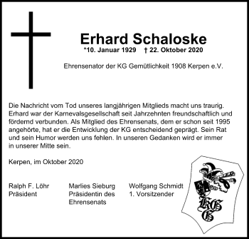 Anzeige von Erhard Schaloske von Kölner Stadt-Anzeiger / Kölnische Rundschau / Express