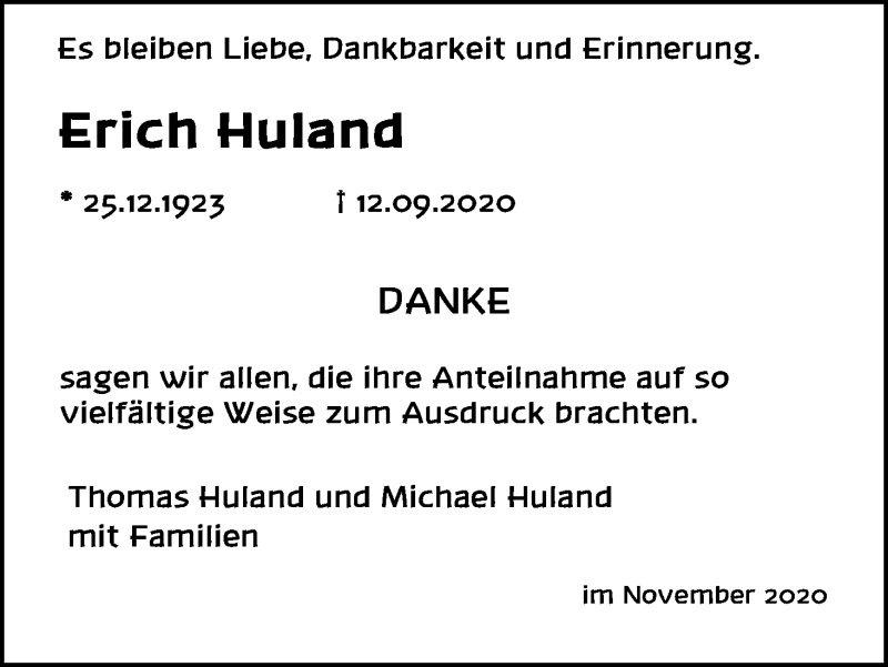  Traueranzeige für Erich Huland vom 12.11.2020 aus Kölner Stadt-Anzeiger / Kölnische Rundschau / Express