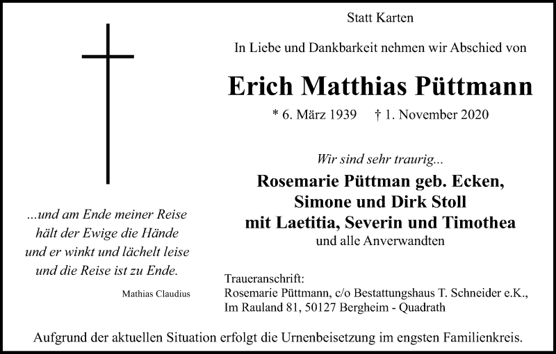  Traueranzeige für Erich Matthias Püttmann vom 07.11.2020 aus Kölner Stadt-Anzeiger / Kölnische Rundschau / Express