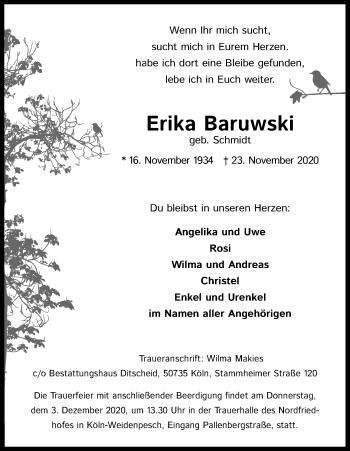 Anzeige von Erika Baruwski von Kölner Stadt-Anzeiger / Kölnische Rundschau / Express