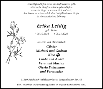 Anzeige von Erika Leidig von  Anzeigen Echo  Lokalanzeiger 