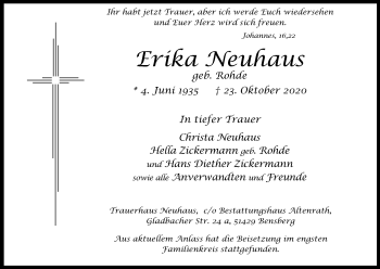 Anzeige von Erika Neuhaus von Kölner Stadt-Anzeiger / Kölnische Rundschau / Express