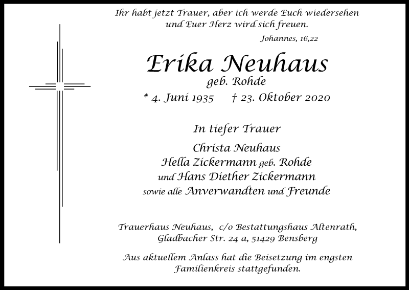  Traueranzeige für Erika Neuhaus vom 14.11.2020 aus Kölner Stadt-Anzeiger / Kölnische Rundschau / Express