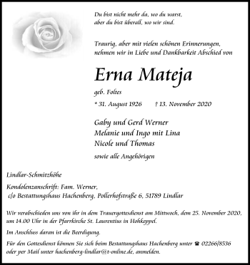 Anzeige von Erna Mateja von Kölner Stadt-Anzeiger / Kölnische Rundschau / Express