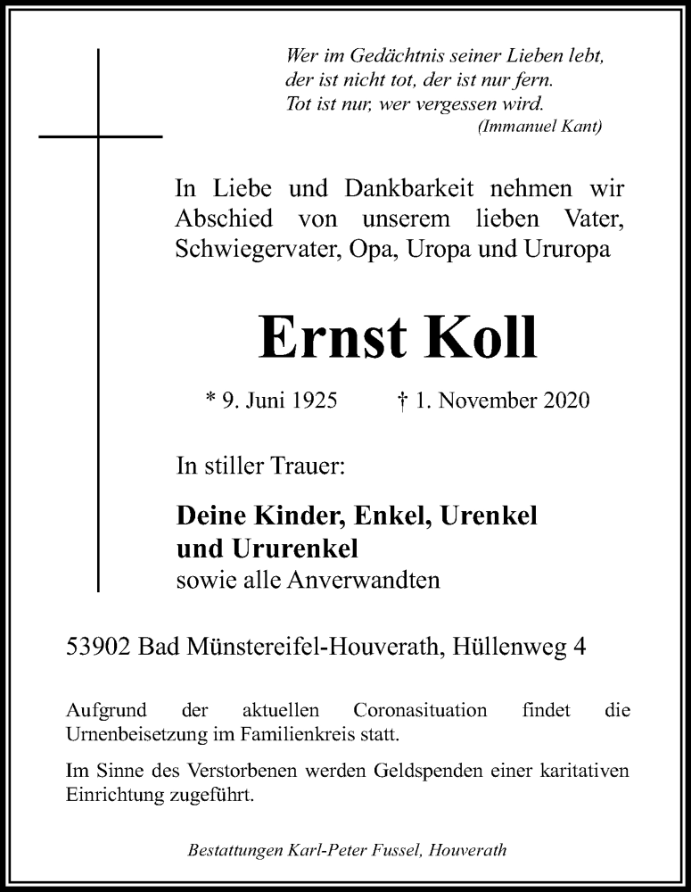 Traueranzeige für Ernst Koll vom 07.11.2020 aus Kölner Stadt-Anzeiger / Kölnische Rundschau / Express