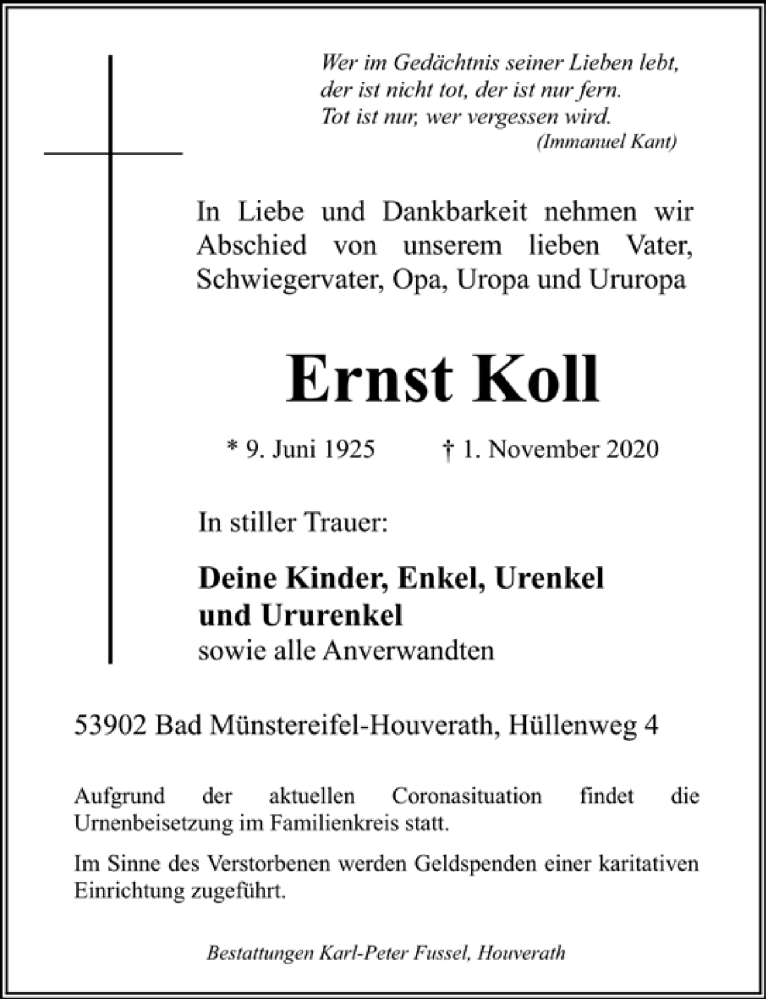  Traueranzeige für Ernst Koll vom 07.11.2020 aus  Blickpunkt Euskirchen 