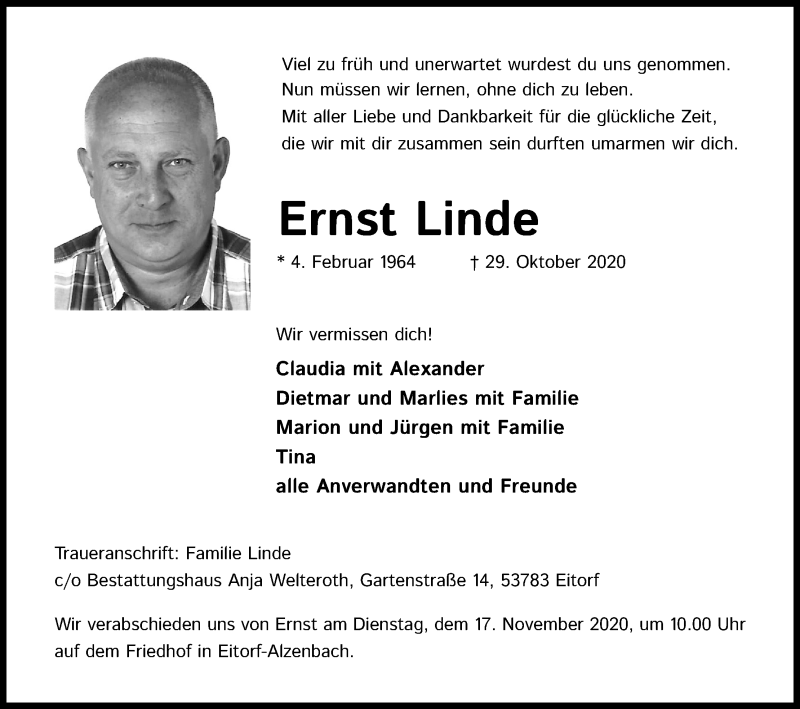  Traueranzeige für Ernst Linde vom 07.11.2020 aus Kölner Stadt-Anzeiger / Kölnische Rundschau / Express