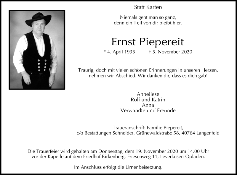  Traueranzeige für Ernst Piepereit vom 14.11.2020 aus Kölner Stadt-Anzeiger / Kölnische Rundschau / Express