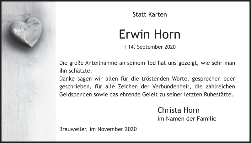  Traueranzeige für Erwin Horn vom 06.11.2020 aus  Wochenende 