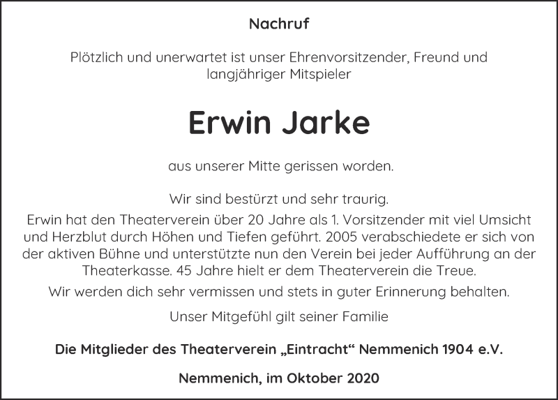  Traueranzeige für Erwin Jarke vom 07.11.2020 aus  Blickpunkt Euskirchen 
