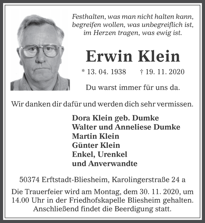  Traueranzeige für Erwin Klein vom 27.11.2020 aus  Werbepost 