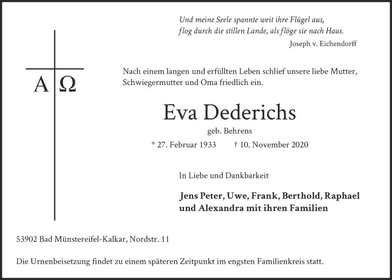  Traueranzeige für Eva Dederichs vom 21.11.2020 aus  Blickpunkt Euskirchen 