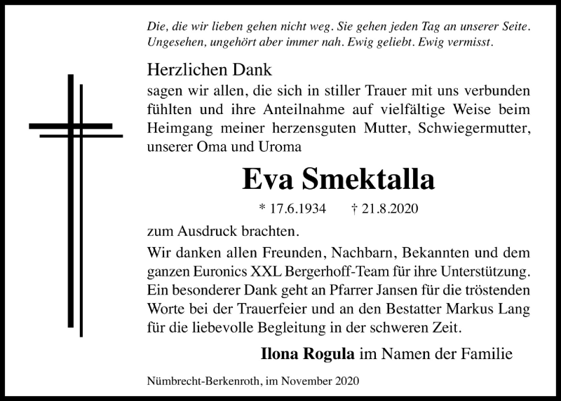  Traueranzeige für Eva Smektalla vom 13.11.2020 aus  Lokalanzeiger 